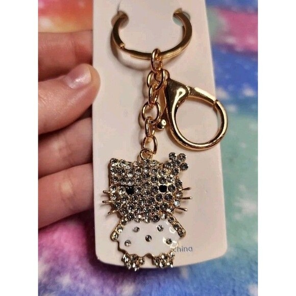 Hello Kitty White Dress Rhinestone Keychain With Clip Bling Sanrio Character - Picture 1 of 4
